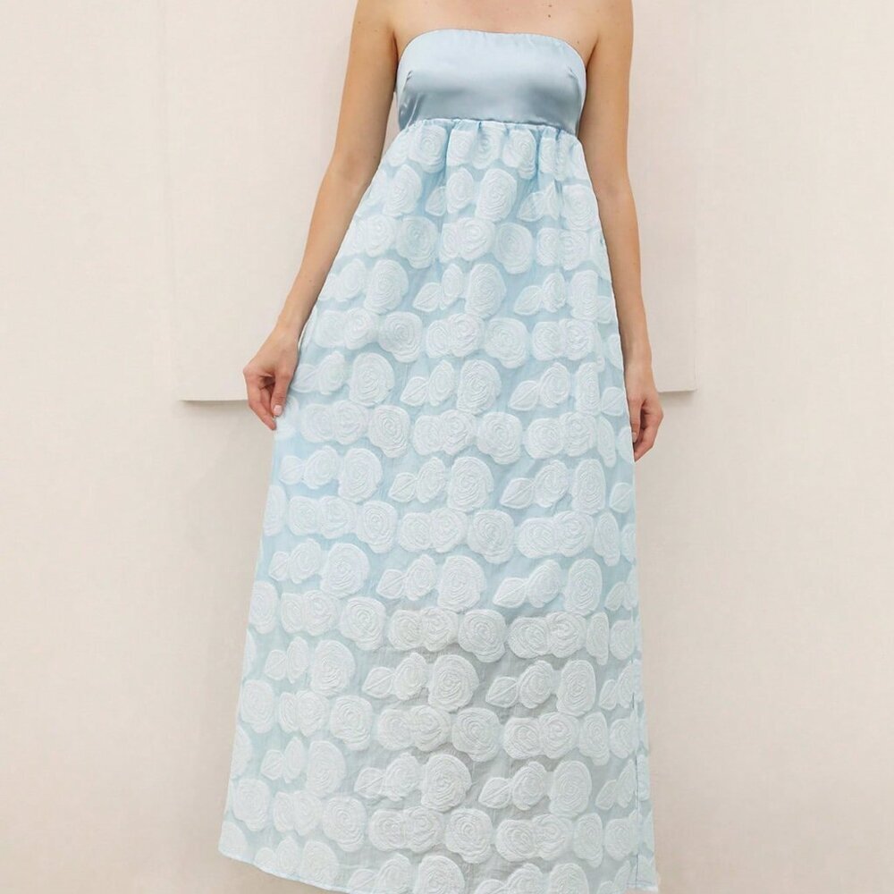 Blue Elegant Women's Satin Jacquard Dress - Picture 6 of 6